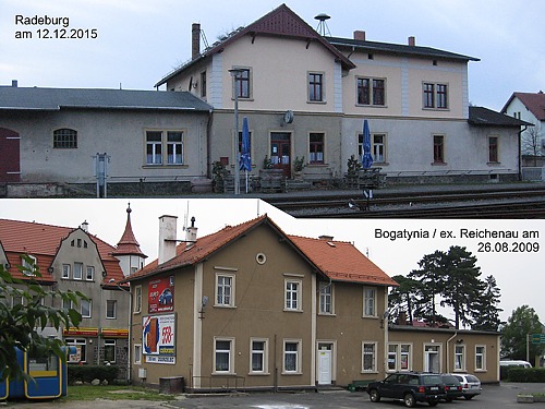 Dieser Fotovergleich zeigt die Empfangsgebäude von Radeburg und Bogatynia (ex. Reichenau, hier schon ohne Güterschuppen) Dieser Fotovergleich zeigt die Empfangsgebäude von Radeburg und Bogatynia (ex. Reichenau, hier schon ohne Güterschuppen)
