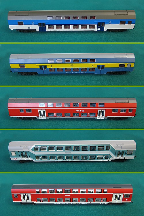 Fünf Görlitzer Doppelstockwagen von drei Bautypen mit vier verschiedenen Farbvarianten wurden zu einem Zug zusammengestellt Fünf Görlitzer Doppelstockwagen von drei Bautypen mit vier verschiedenen Farbvarianten wurden zu einem Zug zusammengestellt